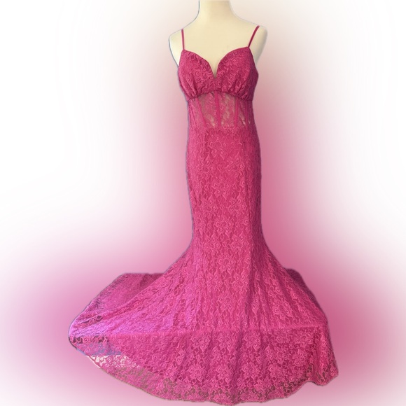 Morgan & Co. Pink Lace Corset Style Prom Dress (9) - Picture 1 of 7